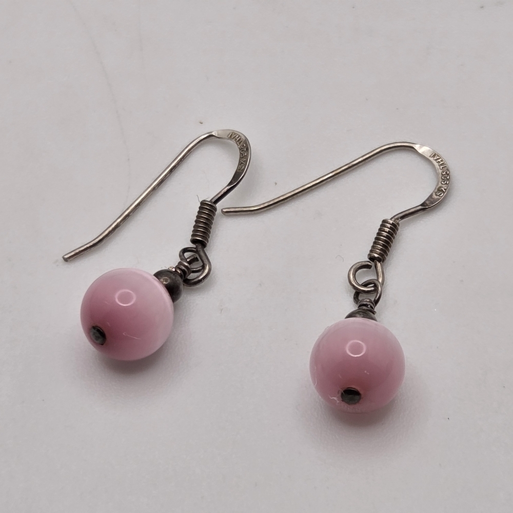 925 Silver Eyetiger Earrings Chic Pink Beaded Drop Signed
